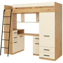 Lit superposé avec bureau smyk l cm110x204x188h Chêne foncé Crème - Bim Furniture