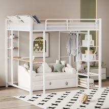 Lit superposé avec échelle 90x200 cm, lit d'enfant avec table, compartiment de rangement, blanc