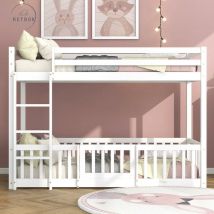 Retrok - Lit Superposé avec Escalier à Angle Droit - Lit avec Barrières et Portes, Lit Enfant avec Protection Antichute et Grille, Bois Massif, Blanc