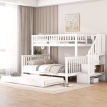 Lit superposé en bois - 2x90x200cm + 140x200cm - avec escalier de rangement - Blanc