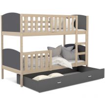 Lit Superposé Tomy 90x190 Pin - gris Livré avec sommiers, tiroir et matelas en mousse de 7cm