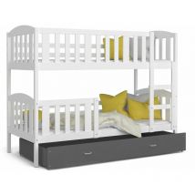 Lit Superposé Teo 90x190 Blanc - gris Livré avec sommiers, tiroir et matelas en mousse de 7cm