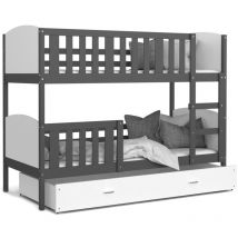 Lit Superposé Tomy 90x190 Gris - blanc Livré avec sommiers, tiroir et matelas en mousse de 7cm