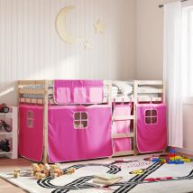 Lit superposé avec rideaux rose 75x190 cm bois pin massif