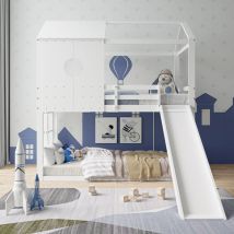 Lit superposé blanc, 90 x 200 cm, lit enfant en bois avec échelle et toboggan, lit cabane avec cadre en bois massif, cadre à lattes épaissi, adapté