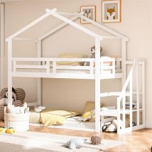Lit superposé d'enfant 90x200cm - lit cabane avec escalier de sécurité, cadre de lit en bois massif avec sommier à lattes - blanc