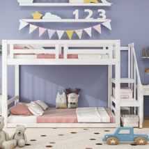 Eifson - Lit superposé enfant 90x200 cm avec escalier de sécurité, sommier à lattes en bois massif avec rails antichute, adapté aux enfants et