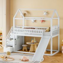Lit superposé enfant 90x200 cm, avec toboggan et 3 échelles de rangement, avec structure barrière antichute, sommier à lattes, bois