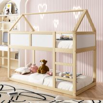 Lit superposé pour enfants 90x200cm, lit simple superposé bas, lit mezzanine avec escalier, cadre en bois massif, couleur bois
