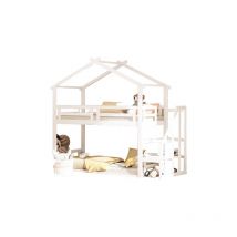 Lit superposé enfant 90200cm avec escalier de sécurité, cadre en bois massif et sommier à lattes, blanc