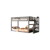 Lit superposé enfant 90200cm avec escalier de sécurité, cadre en bois massif et sommier à lattes, gris