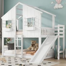 Lit Superposé Enfant 90x200 Cm Blanc (pin/mdf) Avec Toboggan, Toit Fenêtré, Barrière De Protection Et Échelle 3 Marches