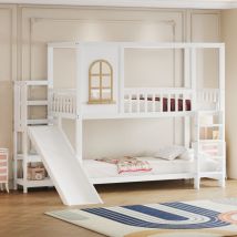 Lit superposé enfant 90x200 cm, lit superposé avec toboggan, grille de sécurité, échelle, en bois, blanc