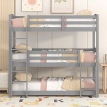 Tanant - Lit superposé triple 90x200cm, Escaliers, clôture antichute sommier à lattes, cadre de lit en bois massif, lit ado style moderne, Gris