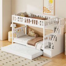 Lit superposé enfant 90x200cm avec lit gigogne 90x190cm, avec escalier de rangement, sommier à lattes, en bois massif Blanc