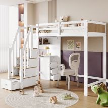 Lit superposé enfant 90x200cm bureau avec 3 tiroirs, 2 places, escabeau de rangement, cloisons ouvertes, convient aux ados et aux adultes, pin, Blanc