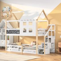 Sunfecili - Lit superposé enfant 90x200,lit mezzanine 2 place,lit mezzanine escalier,avec fenêtre et garde-corps, design tableau noir, bois en pin,
