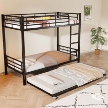 Wishdor - Lit superposé enfant, lit ado 90x200 cm en fer avec lit gigogne 90x190 cm, lit superposé 3 couchages, noir, sans matelas