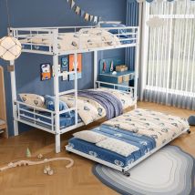 Lit superposé enfant, lit ado 90x200 cm en fer avec lit gigogne 90x190 cm, lit superposé 3 couchages, blanc, sans matelas