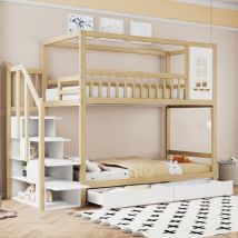 Lit superposé lit enfant 90200cm, lit double en bois massif, forme maison avec fenêtres, conception barrière de sécurité, avec tiroirs de rangement
