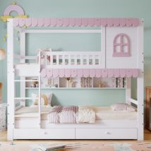 Lit superposé, avec fenêtres, grille antichute, étagère ouverte, 2 tiroirs à roulettes, 90x200cm, en bois + mdf, blanc + rose