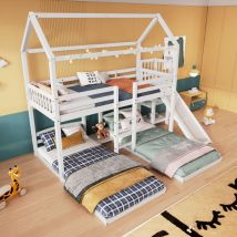 Lit superposé, lit maison, lit enfant, lit superposé avec toboggan, étagère ouverte, avec échelle à trois marches, conçu avec trois positions de lit,