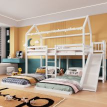 Lit superposé, lit maison, lit enfant, lit superposé avec toboggan, étagère ouverte, avec échelle à trois marches, conçu avec trois positions de lit,
