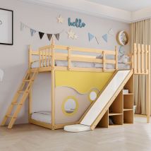 Lit superposé-Lit superposé, lit en bois avec escaliers et clôtures, avec rideau de lit, toboggan et étagère, lit enfant avec protection antichute et