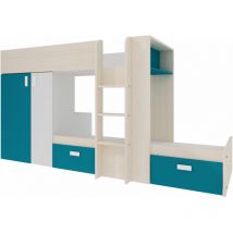 Lit superposé pour deux enfants blanc pin et bleu avec armoire et base de lit inférieure - Albenga