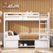 Okwish - Lit superposé pour enfant, lit enfant avec étagères à chaussures et casiers, lit divisé en 2 lits simples, lit jeune, lit simple, blanc,