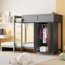 Lit superposé pour enfants 90x200 cm, avec marches de sécurité verticales, armoire, gris