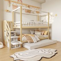 Lit superposé pour enfants 90x200 cm, rail de sécurité, lit escamotable, blanc + bois massif
