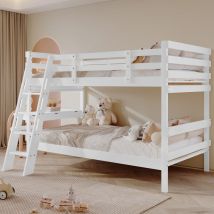Lit superposé pour enfants, avec échelle à quatre marches, design de barrière de sécurité, avec bureau, pin + mdf, blanc, 90x200cm