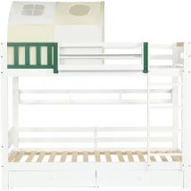Lit superposé pour enfants, avec petite tente, protection contre les chutes et rails, deux tiroirs sur roulettes, blanc + chartreuse, 90x200cm