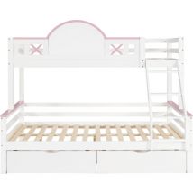 Lit superposé pour enfants avec porte de sécurité, deux tiroirs, avec fenêtre, forme de fenêtre, pin + mdf, blanc + rose, 90x200cm + 140x200cm