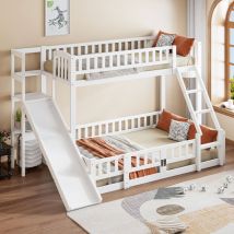 Lit superposé, 140200cm, balustrade, bois de pin, toboggan, marches, En747, étagères multiples, petite porte coulissante, sans matelas, blanc