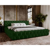 Lit double 140x200 Vigo - Lit Chesterfield avec Tiroir de Lit - Style Glamour - Lit design - Vert (Amor Velvet 4311)