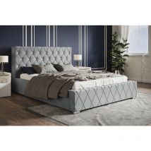 Lit Tapissé 180x200 cm Leno - Cristaux, Tiroir de Lit, Cadre de lit avec sommier à Lattes - Lit Double avec Tissu Velours, Style Glamour (Gris - Amor