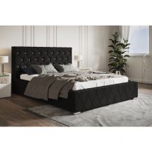 Lit Tapissé 140x200 cm Leno - Cristaux, Tiroir de Lit, Cadre de lit avec sommier à Lattes - Lit Double avec Tissu Velours, Style Glamour (Noir - Amor