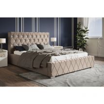 Lit Tapissé 160x200 cm Leno - Cristaux, Tiroir de Lit, Cadre de lit avec sommier à Lattes - Lit Double avec Tissu Velours, Style Glamour (Beige