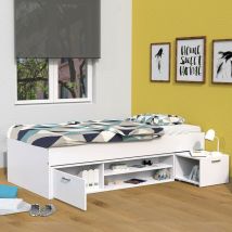Le Quai Des Affaires - Lit tess 90x190 + chevet + étagère + rangement / Blanc/ 195x97x49 cm