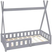 Lit d'Enfants Tipi Gris Clair avec Protection Contre les Chutes en Bois de Pin Massif 140x70 cm Sommier á Lattes et Grille de Sécurité Style Maison
