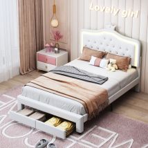 Tanant - Lit avec tiroirs 140x200cm - tête de lit princesse couronne, Éclairage led et 2 tiroirs, sommier à lattes, Lit double style Scandinave,