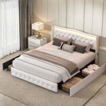Sureh - Lit tiroir 140x190 cm, Lit 140x190 capitonné, Lit adulte avec 4 tiroirs, Lit double rembourré avec LED,4 ports de charge,sommier à lattes,