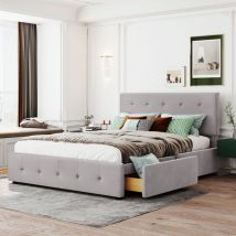 Lit avec tiroirs 140x200 cm, avec 2 tiroirs, Sommier à lattes, tête de lit, Lit adulte Scandinave, velours, Gris