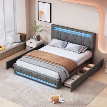 Lit double capitonné 140x200cm - avec 4 tiroirs, éclairage led, Chargement usb, tête de lit, sommier à lattes, lit adulte scandinave, lin - Gris