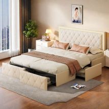 Lit double avec tiroirs 160x200 cm, lit capitonné avec 4 tiroirs, tête de lit rivetée avec éclairage led, sommier à lattes, simili cuir, lit adulte