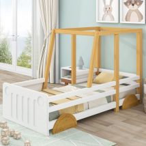 Lit voiture, lit jeep, lit enfant avec roulettes MDF, structure en pin, blanc + naturel (90x200cm)