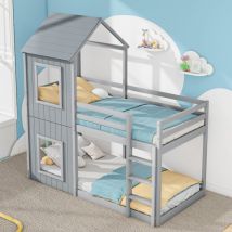 Litera 90x200cm, cama doble infantil, con ventana, pino, sin colchón, gris
