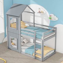 Hongya - Litera infantil de 90 x 200 cm, cama-casita con escalera y dosel, cama-cabina con barrera de seguridad, color gris